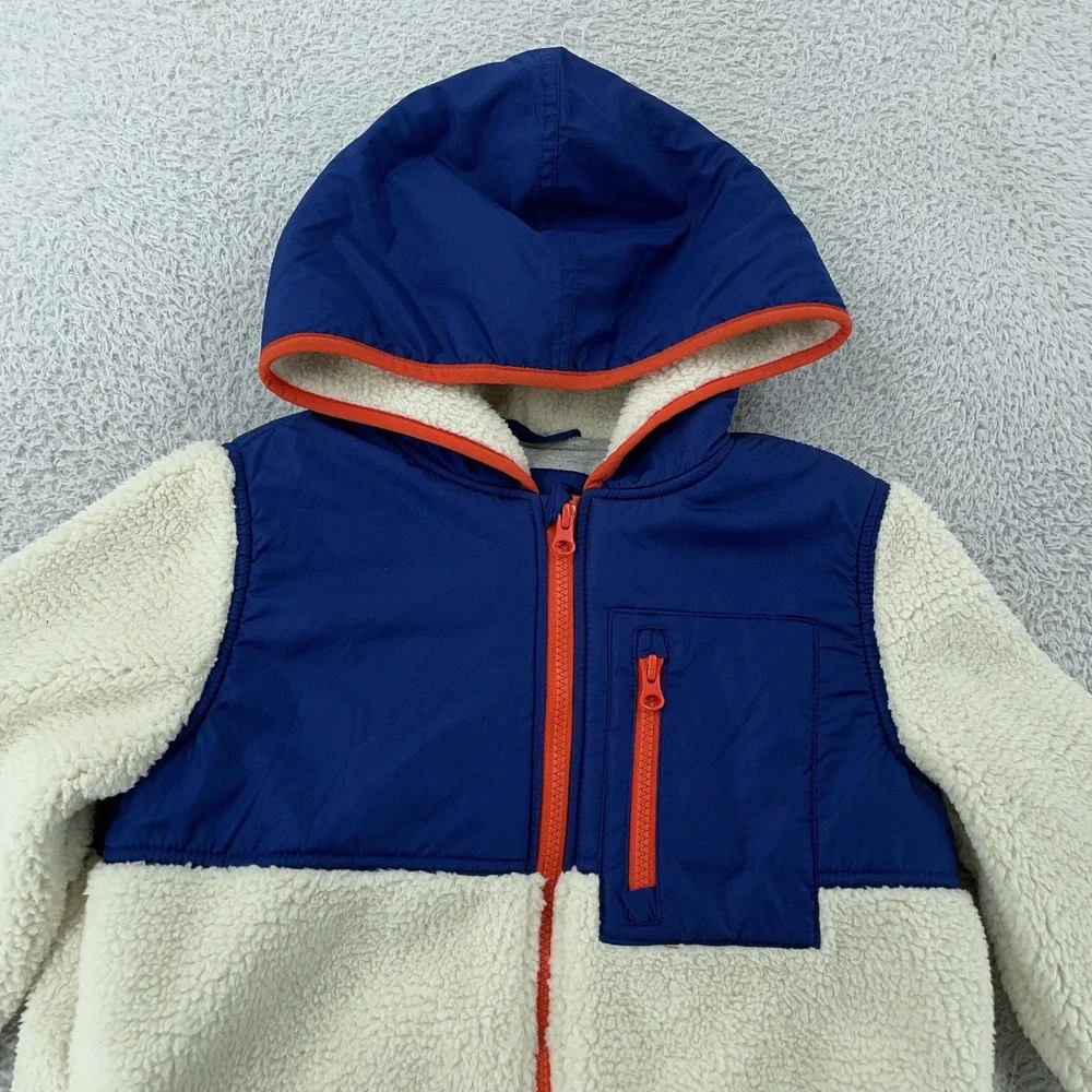 GAP Kids Jacket Youth Medium 8 Blue Cream Sherpa Fleece‎ Hooded Full Zip Pocket